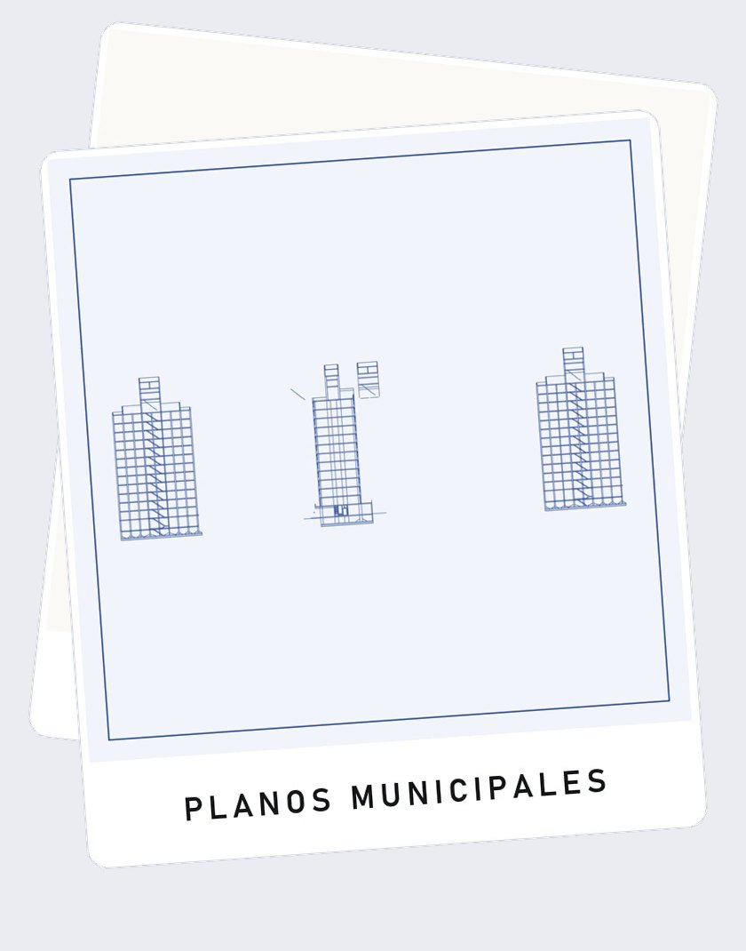 Lámina de planos municipales con vistas de un edificio en altura